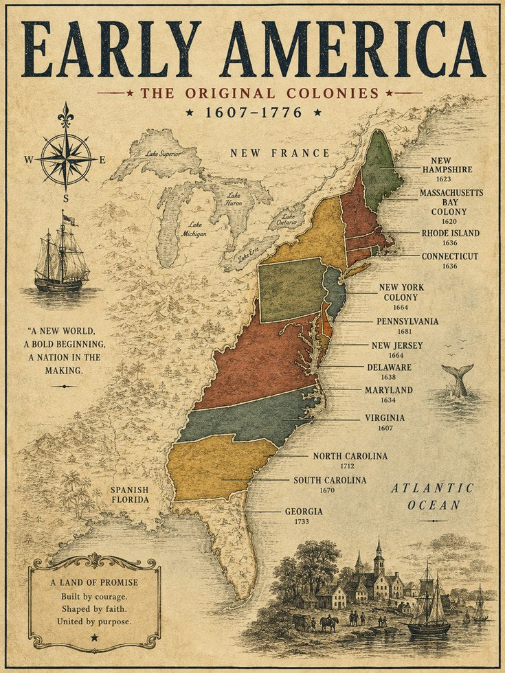 Colonial America Map Poster - artwork on paper