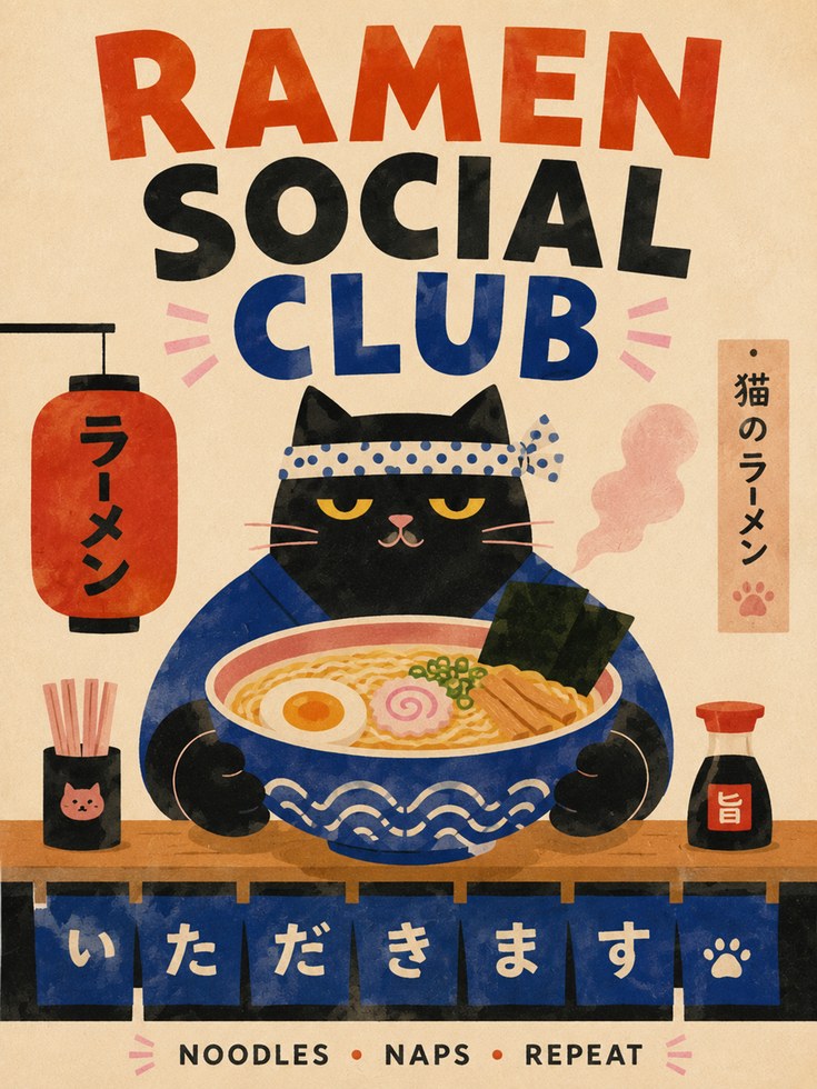 Ramen Wall Art – Japanese Cat Print - artwork on paper