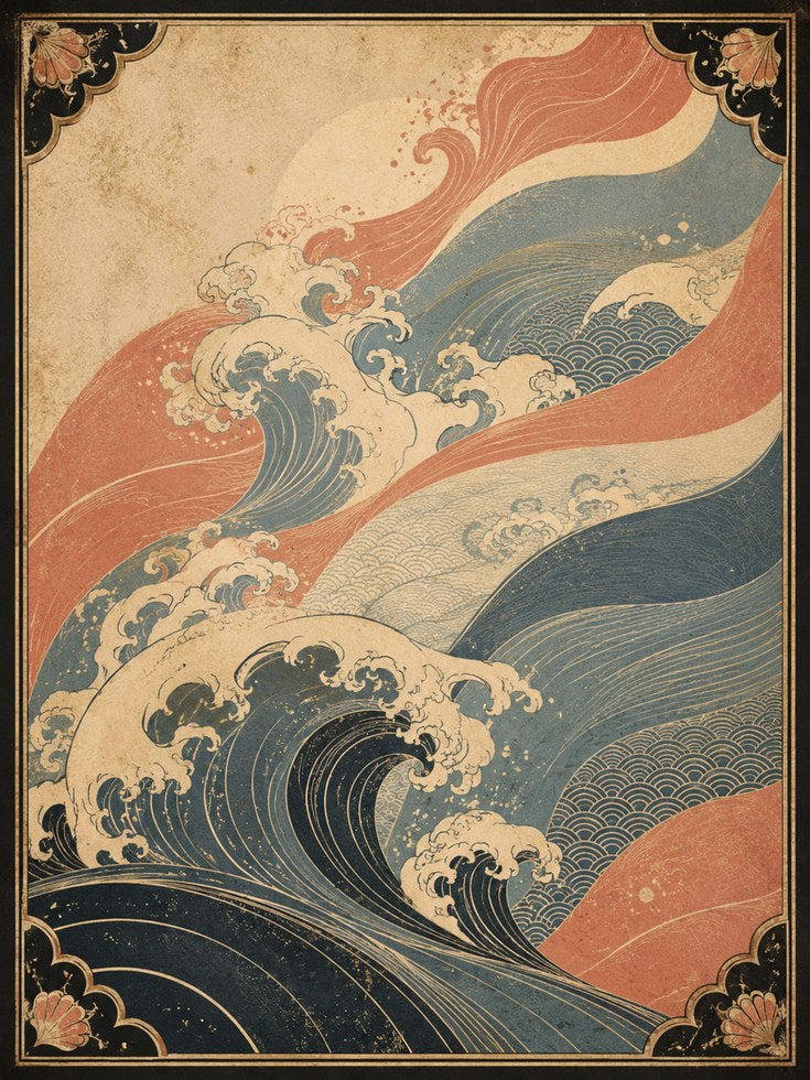 Japanese Wave Art Print: Vintage Ukiyo-e Ocean in Coral & Navy - artwork on paper