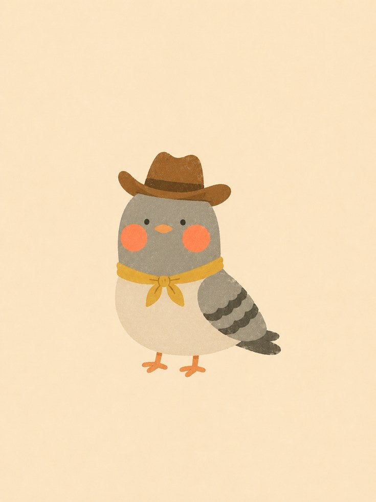 Cowboy Bird Wall Art – Whimsical Nursery Print - artwork on paper