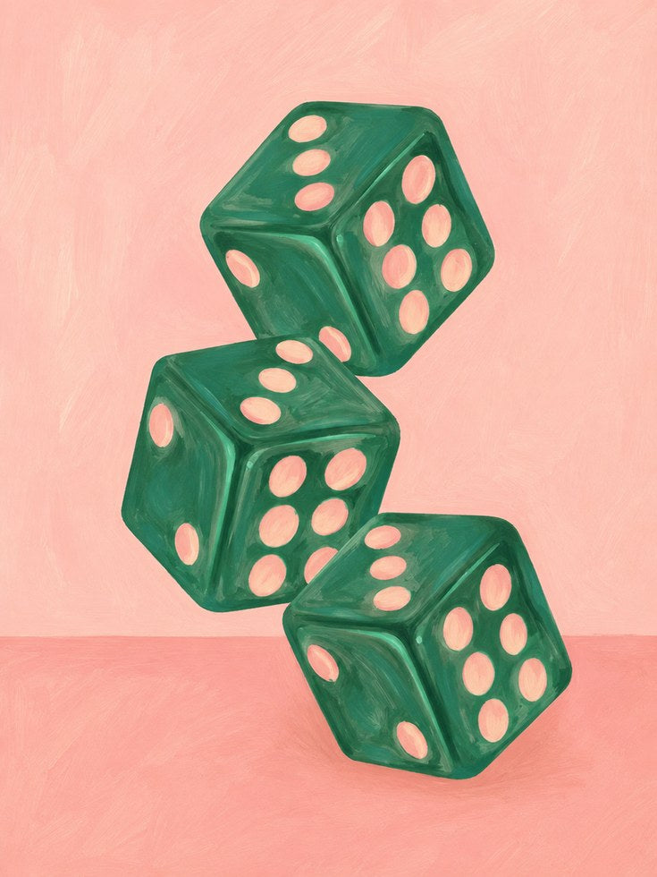 Green Dice Wall Art: Vintage Game Room Illustration on Pink - artwork on paper