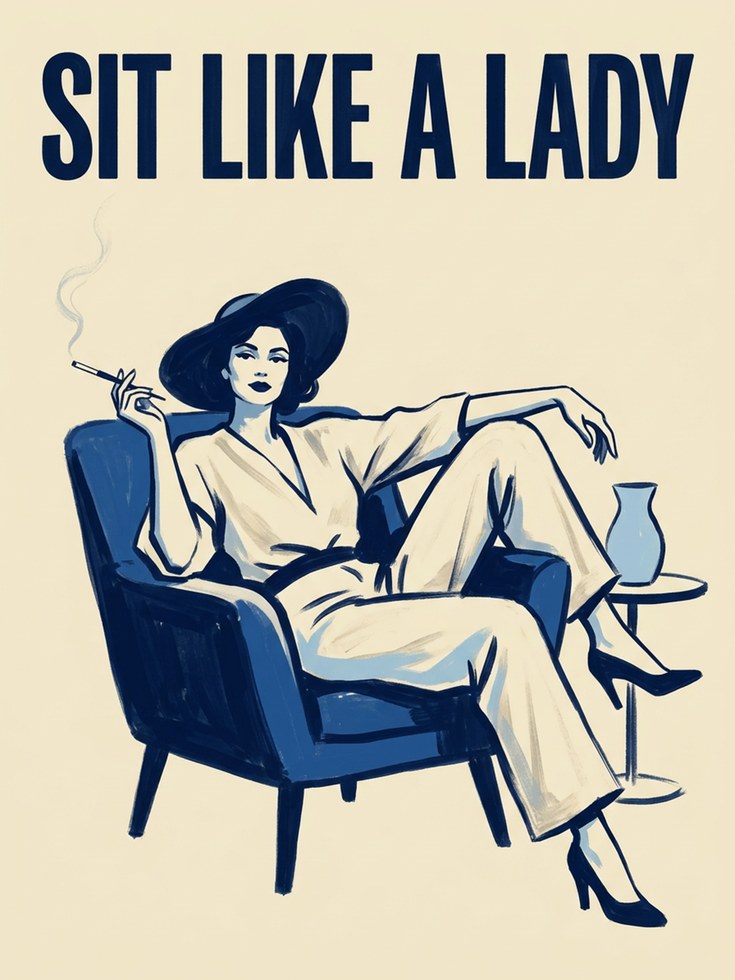 Sit Like A Lady Poster: Retro Blue Cream Lounge Art Print - artwork on paper