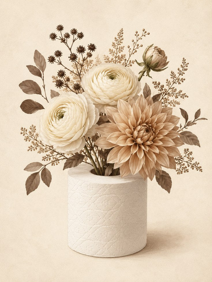 Neutral Floral Arrangement Art Print: Beige Dahlia and Ranunculus - artwork on paper