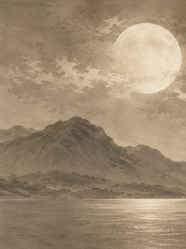 Sepia Moon Landscape Art Print: Vintage Watercolor Seascape - artwork on paper