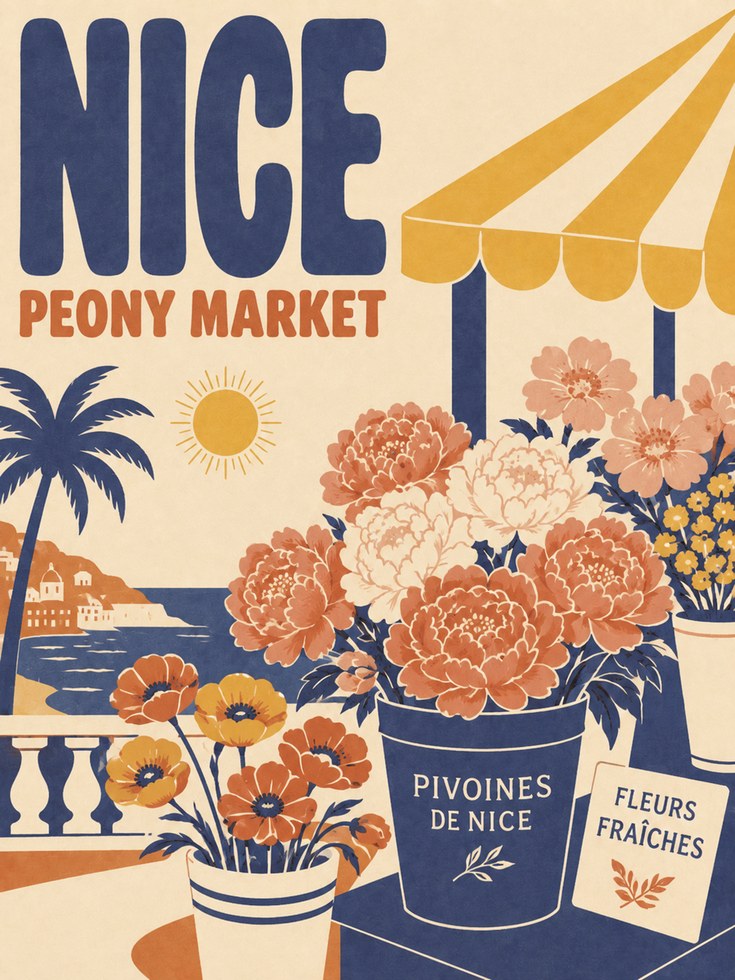 Vintage Nice France Poster: Peony Market - artwork on paper