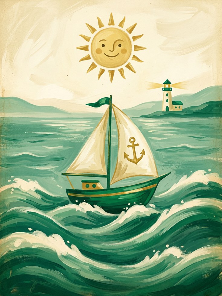 Whimsical Sailboat Print — Cheerful Nautical Illustration - artwork on paper