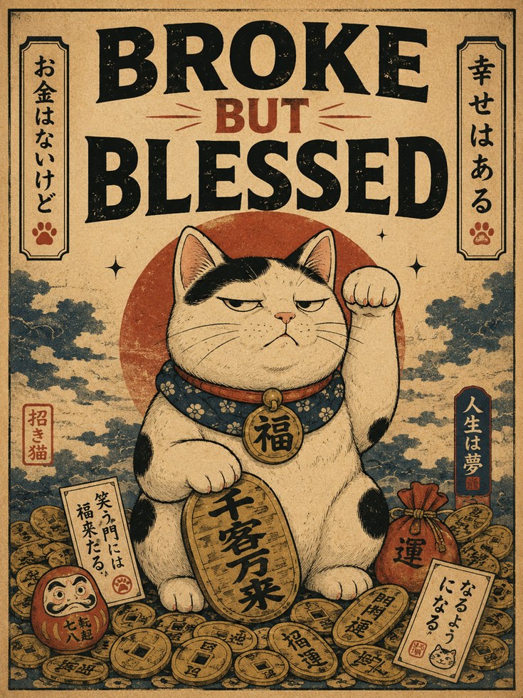 Maneki Neko Wall Art – Lucky Cat Print - artwork on paper