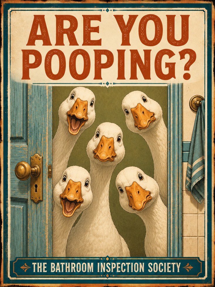 Funny Bathroom Ducks Print: Vintage Humor Wall Art - artwork on paper