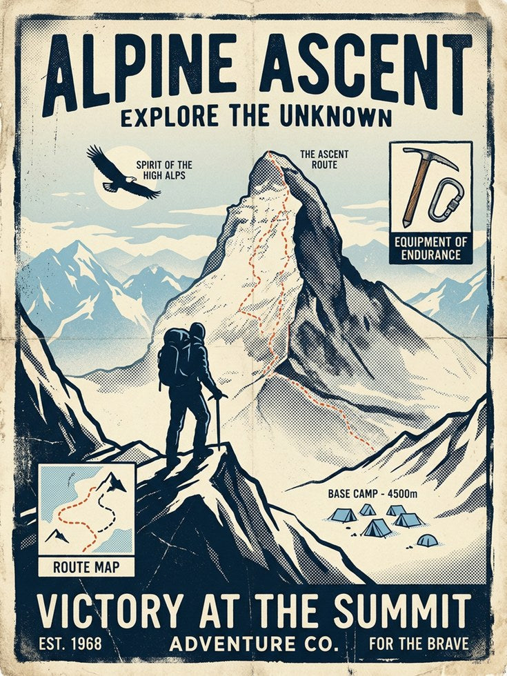 Vintage Alpine Climbing Poster — Retro Mountain Adventure Print - artwork on paper