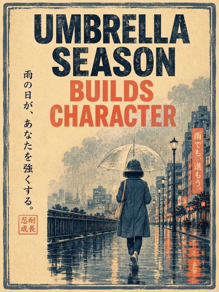Japanese Umbrella Poster – Rainy Street Wall Art - artwork on paper