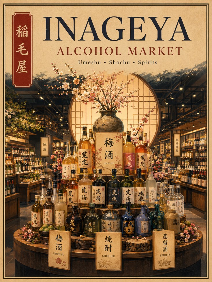 Japanese Sake Shop Poster: Traditional Inageya Market Art - artwork on paper