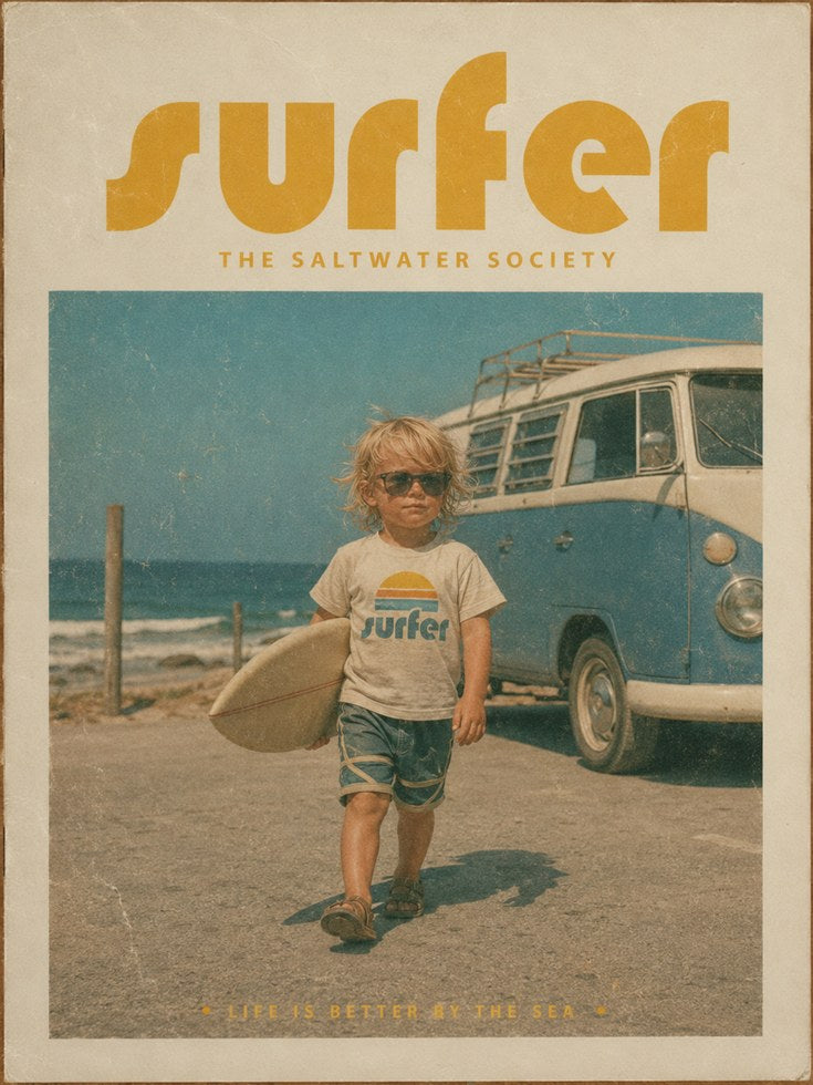 Retro Surfer Kid Poster: Vintage Beach Van Wall Art - artwork on paper