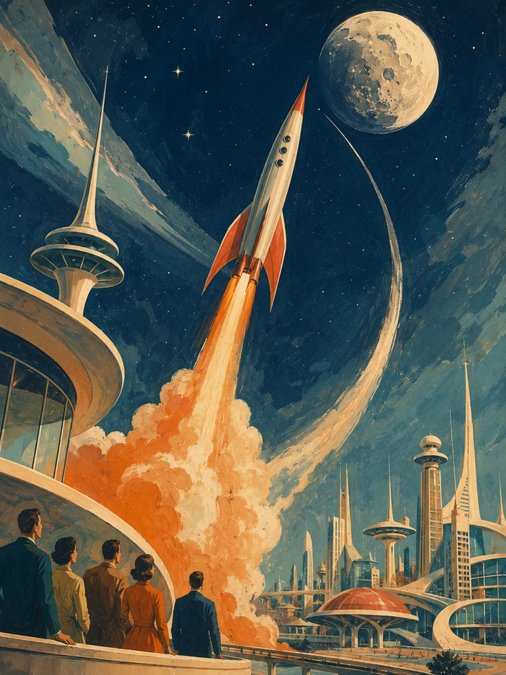 Retro Space Poster – Vintage Rocket Print - artwork on paper