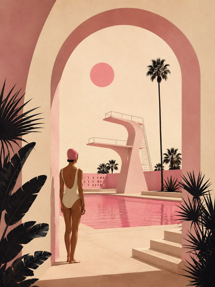 Pink Pool Paradise Art Print: Mid-Century Modern Architecture - artwork on paper