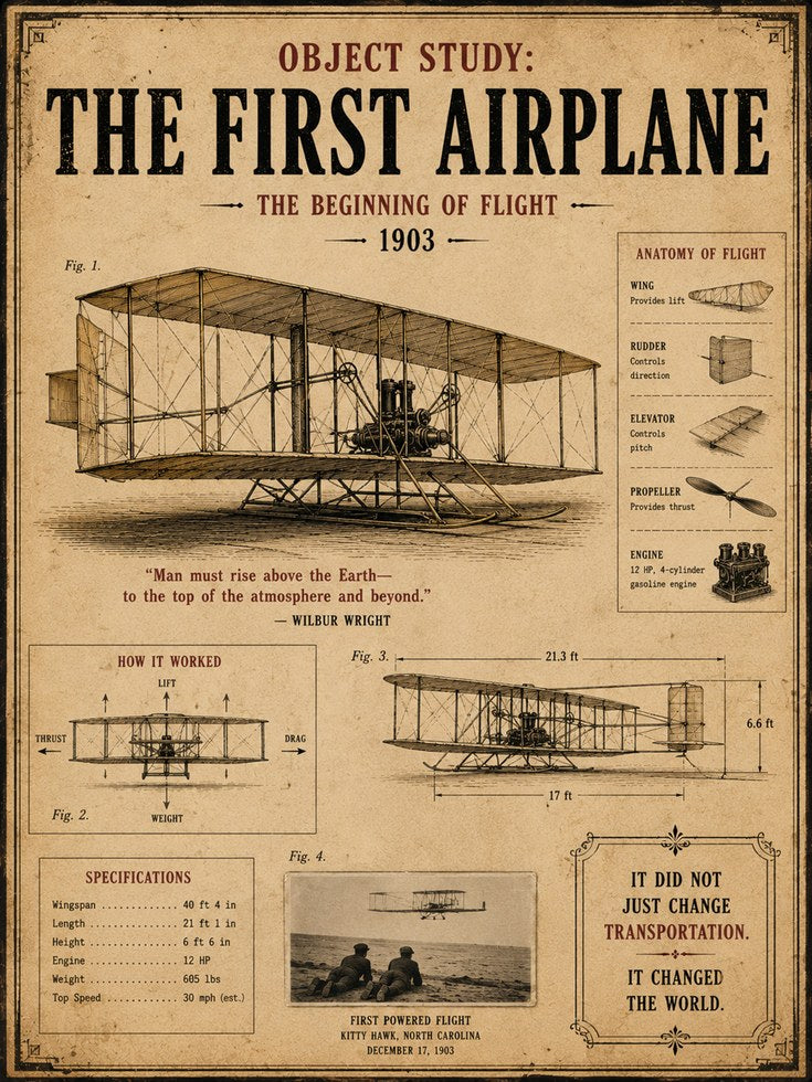 Wright Brothers First Airplane Print: Vintage Aviation Blueprint - artwork on paper