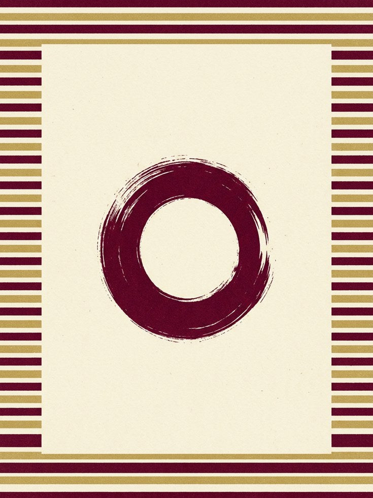Zen Circle Enso Print: Burgundy and Gold Striped Border Art - artwork on paper