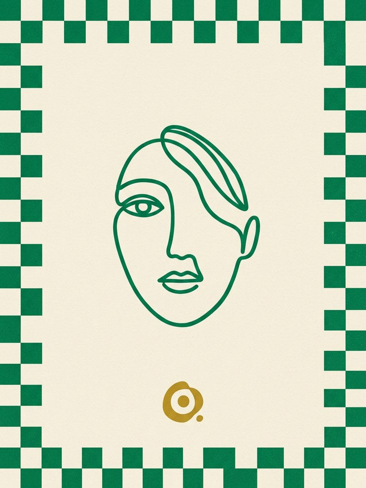 Minimalist Line Art Face Print: Green Geometric Portrait Poster - artwork on paper