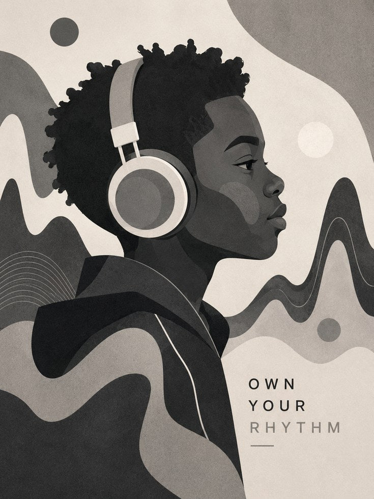 Own Your Rhythm: Art Deco Music Portrait in Monochrome Gray - artwork on paper