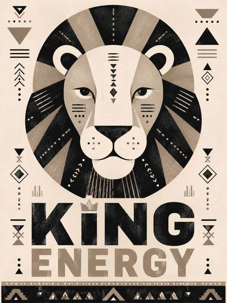 Art Deco Lion Print: Geometric Black and Beige King Energy Poster - artwork on paper