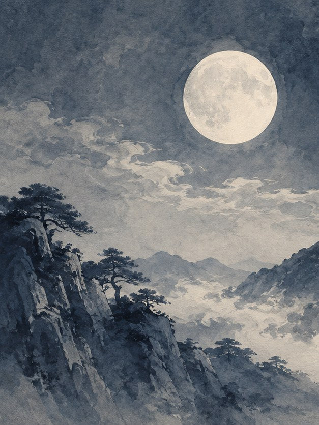 Moonlit Mountain Landscape: East Asian Watercolor Art Print - artwork on paper