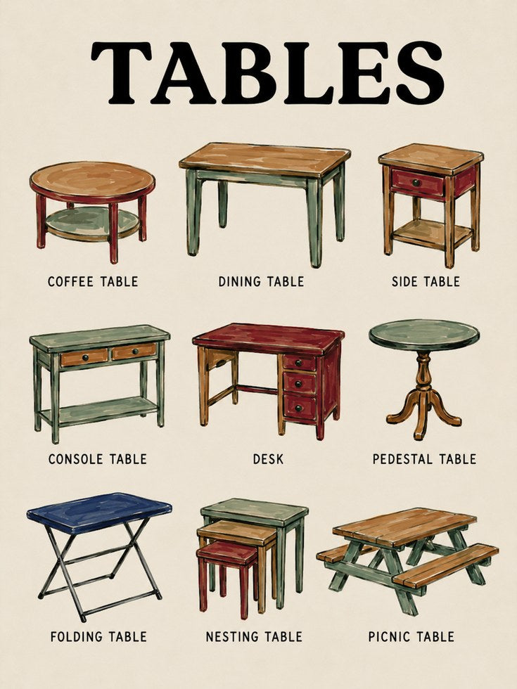 Table Types Poster – Vintage Furniture Chart - artwork on paper