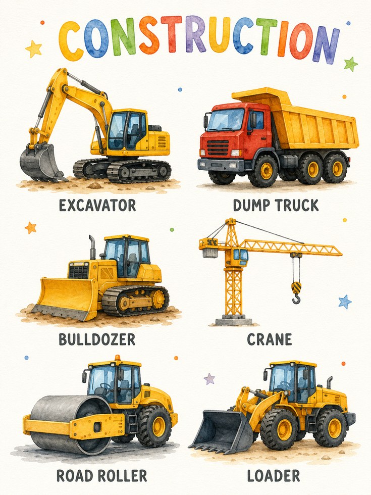 Construction Vehicles Poster: Educational Kids Room Art - artwork on paper