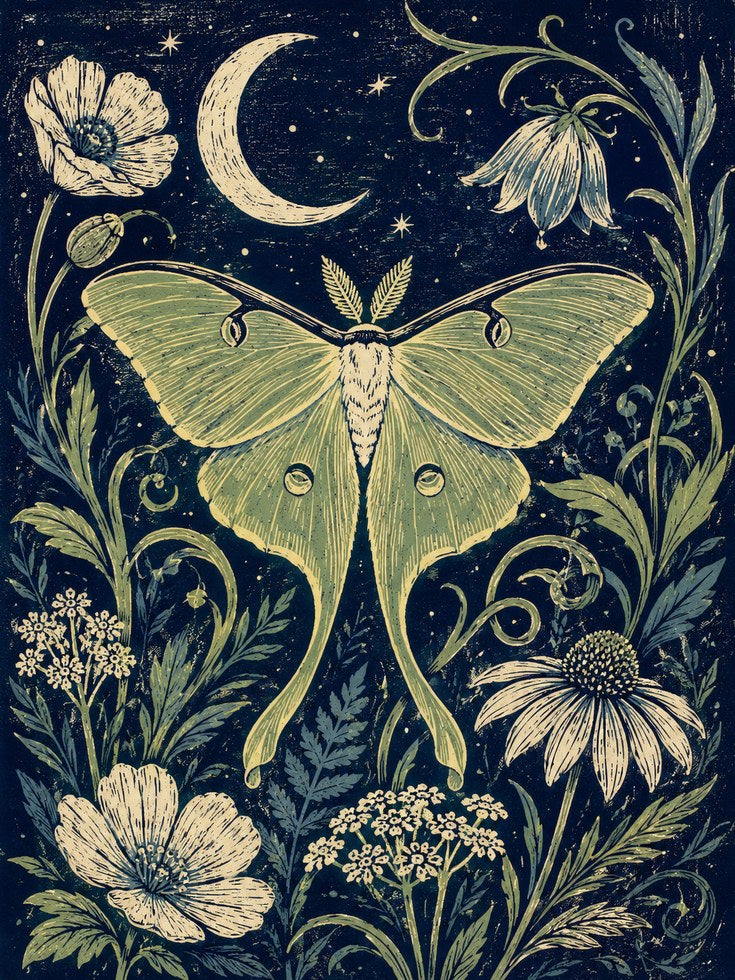 Luna Moth Botanical Print — Art Nouveau Night Garden - artwork on paper