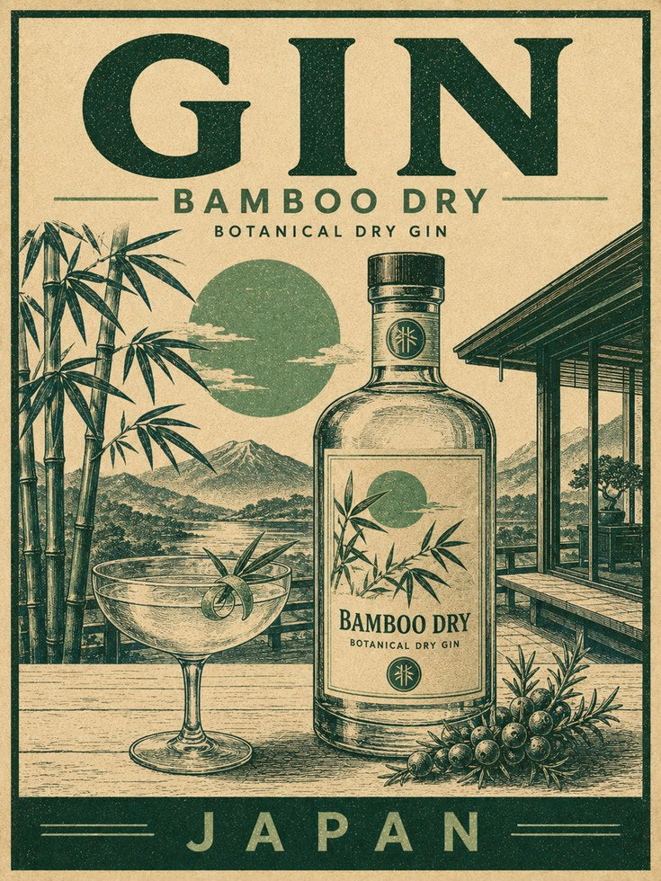Japanese Gin Poster Print: Retro Bamboo Design - artwork on paper