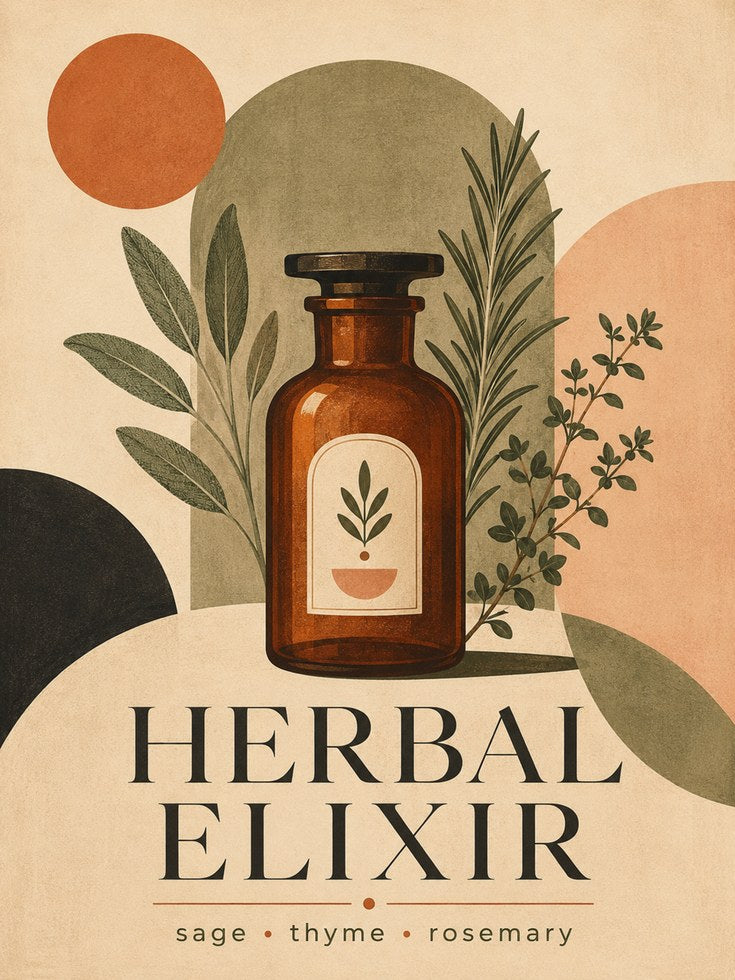 Herbal Apothecary Bottle Art Print: Mid-Century Botanical Design - artwork on paper