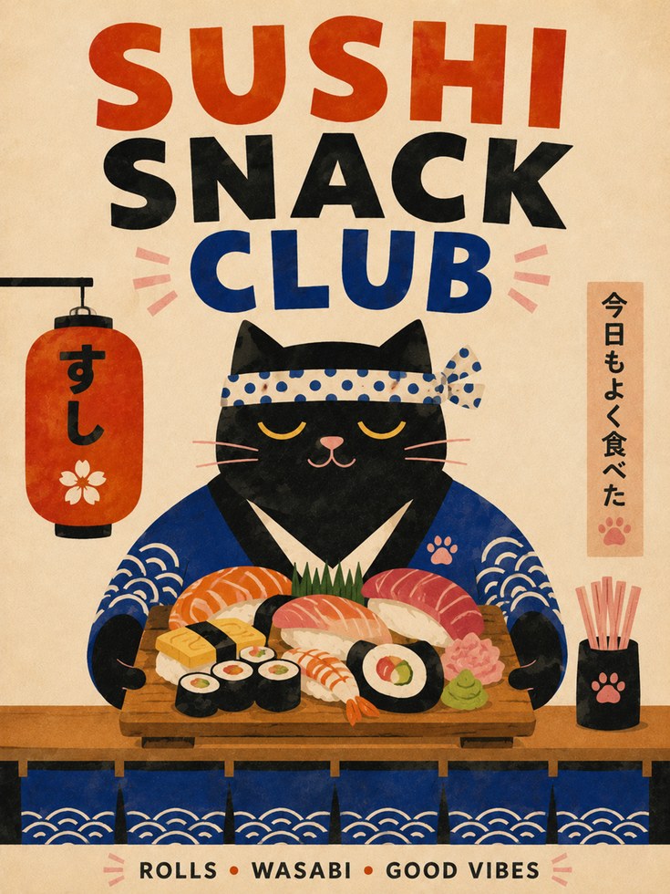 Sushi Wall Art – Japanese Cat Print - artwork on paper