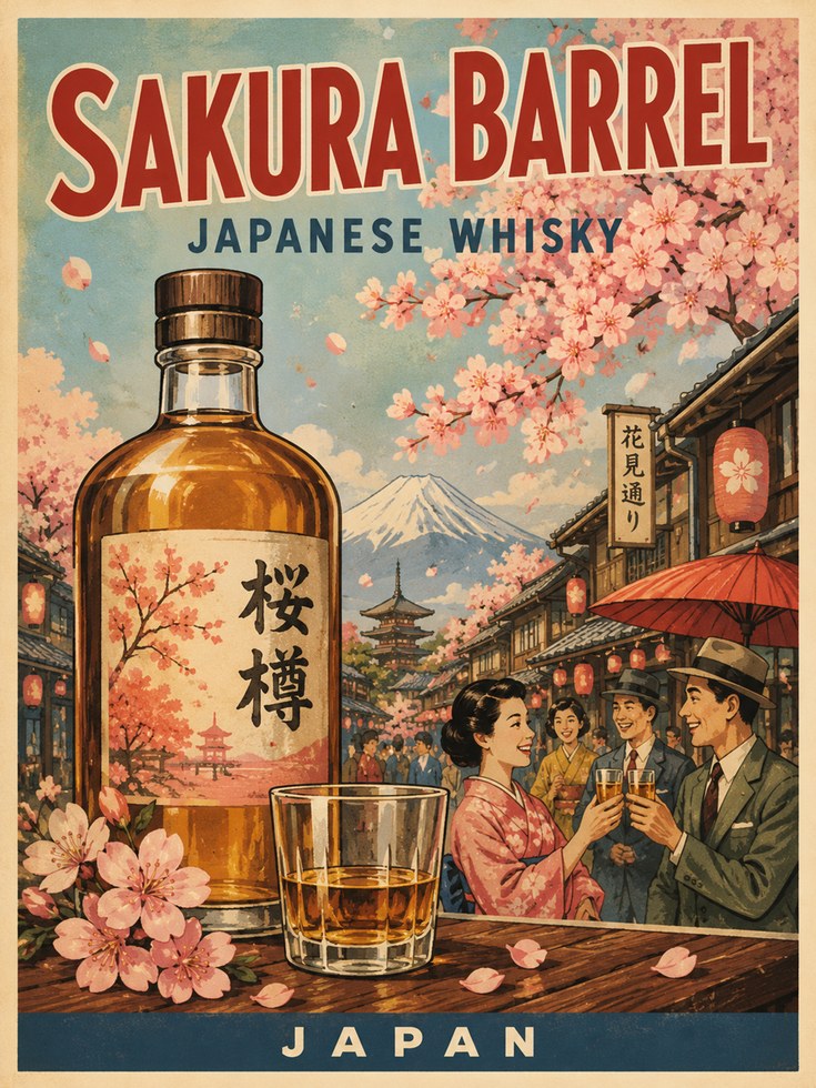 Japanese Whisky Poster Print: Vintage Sakura Barrel Ad - artwork on paper