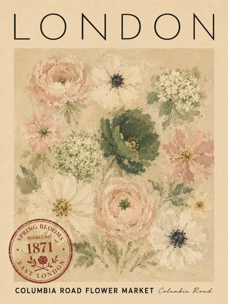 London Floral Poster – Vintage Travel Print - artwork on paper