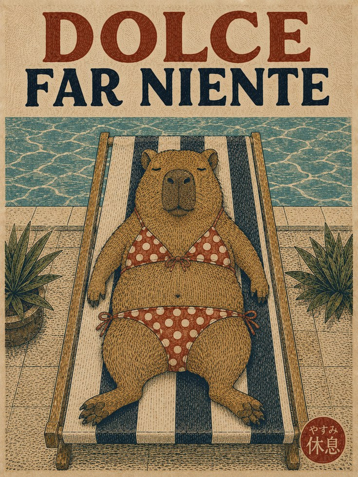 Dolce Far Niente Bear Poster: Vintage Italian Beach Art Print - artwork on paper