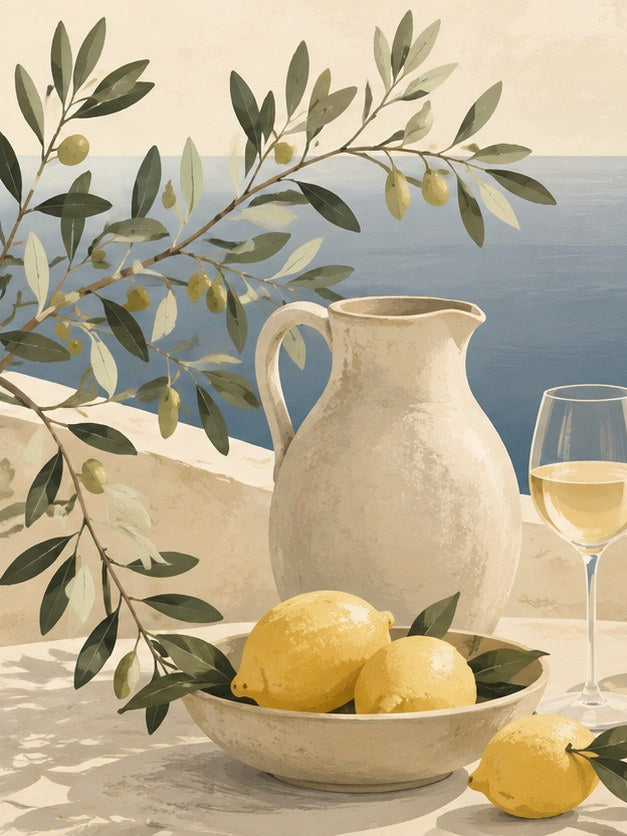 Mediterranean Lemon Still Life Print: Coastal Olive Branch Art - artwork on paper