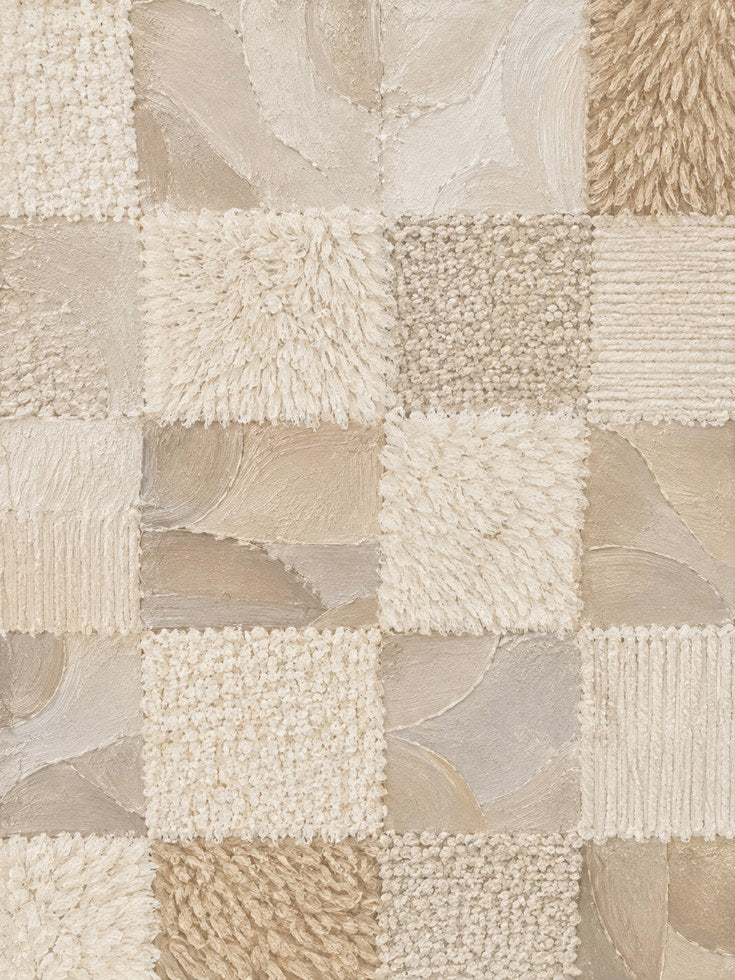 Textured Beige Patchwork Wall Art: Abstract Fiber Collage - artwork on paper