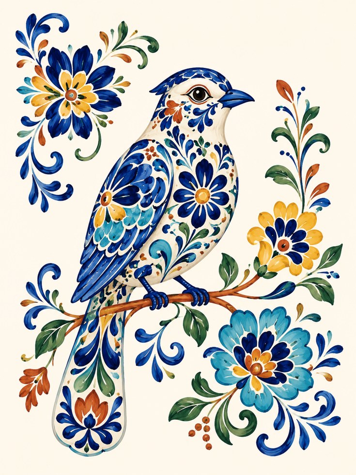 Folk Art Bird Print – Decorative Floral Wall Art - artwork on paper