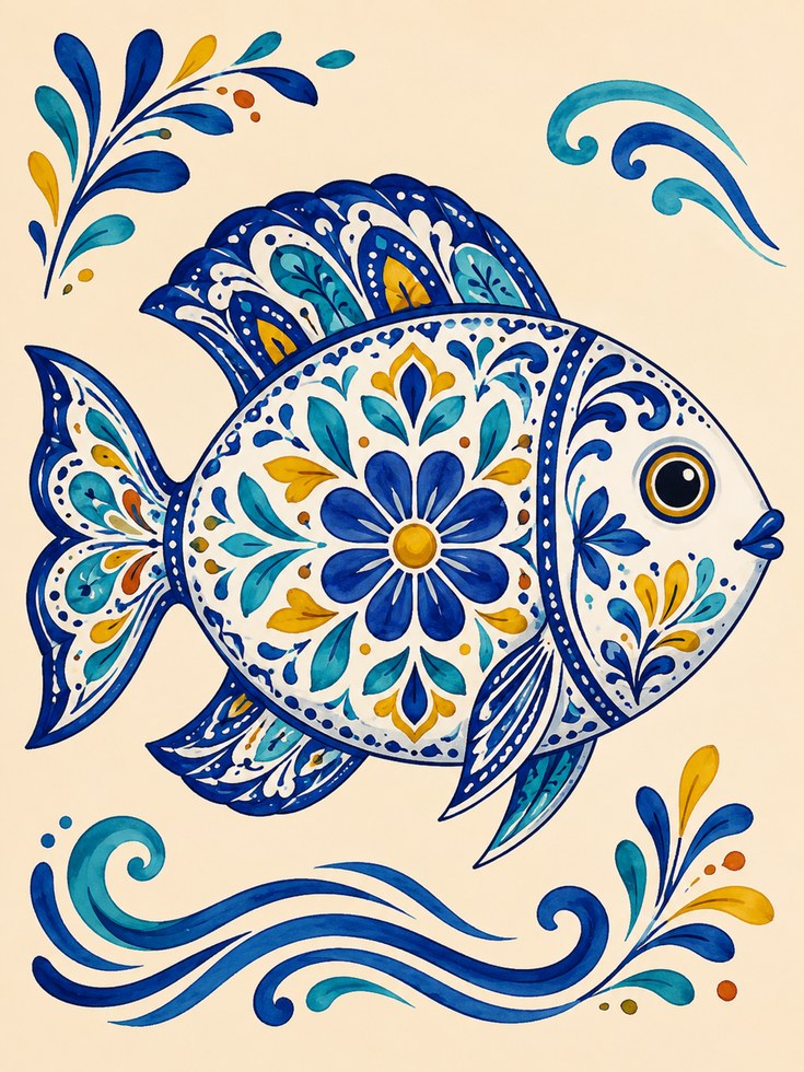 Folk Art Fish Print – Blue Coastal Wave Decor - artwork on paper