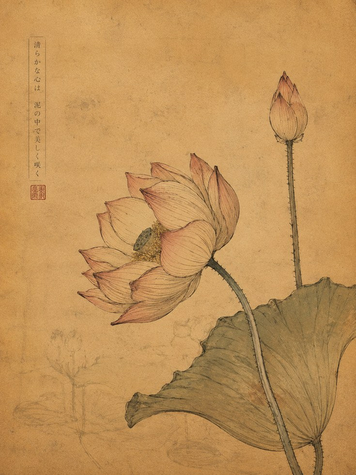 Lotus Flower Botanical Print – Vintage Japanese Painting - artwork on paper