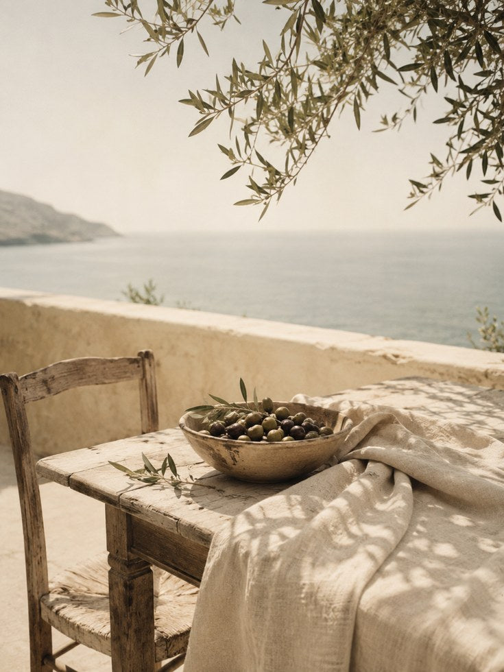 Mediterranean Olive Terrace Print: Vintage Sepia Coastal Wall Art - artwork on paper