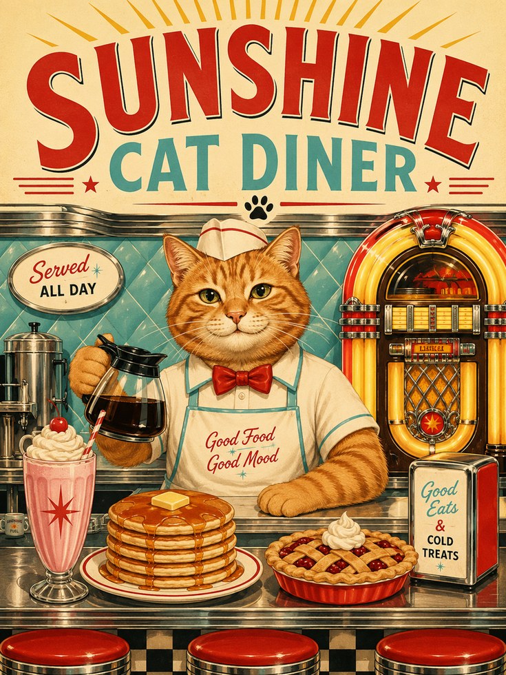 Retro Cat Diner Poster – Vintage Kitchen Wall Art - artwork on paper