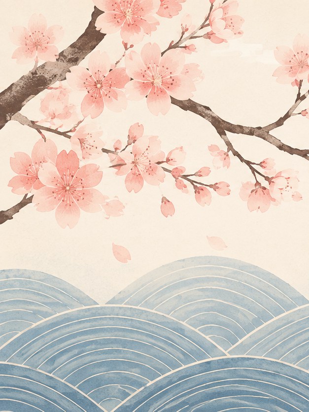 Cherry Blossom Branch Art Print: Japanese Wave Pattern Design - artwork on paper