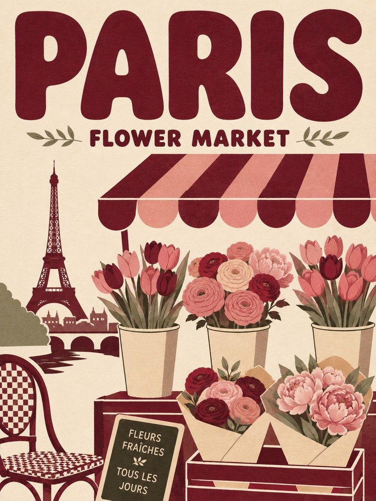 Vintage Paris Wall Art: Flower Market Scene - artwork on paper