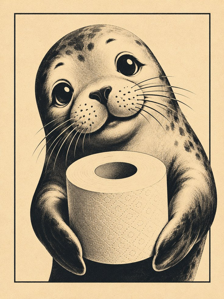 Seal Holding Toilet Paper Print: Vintage Illustration - artwork on paper