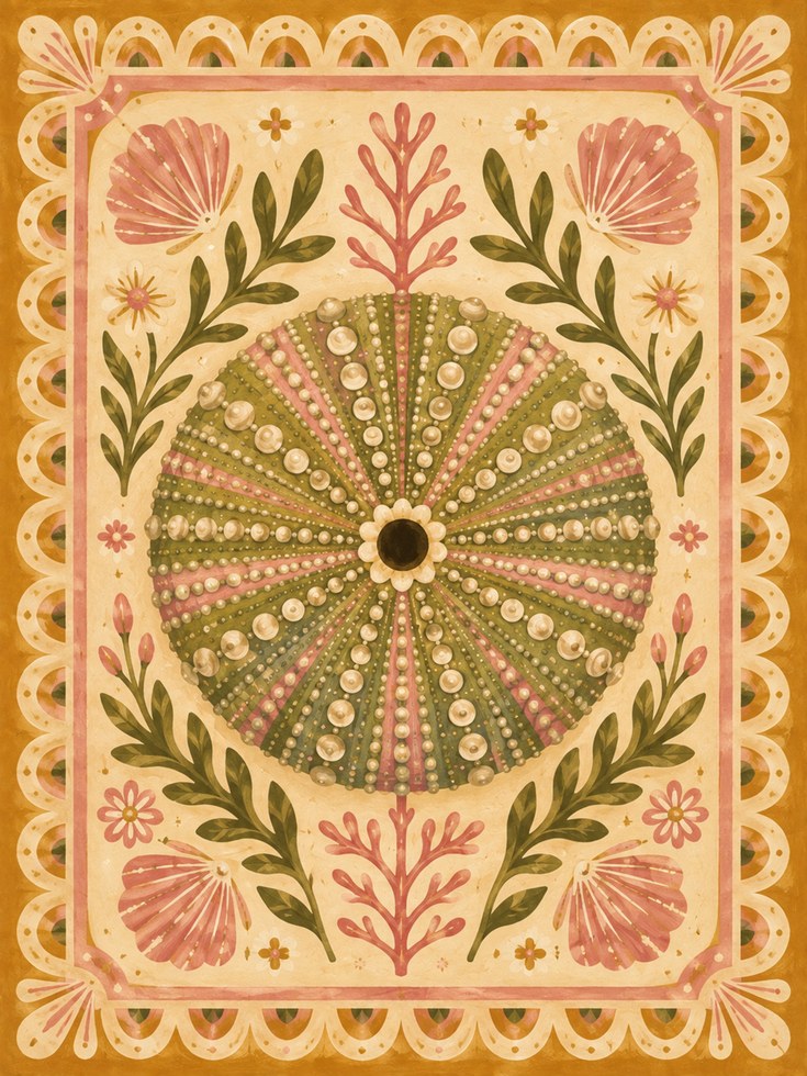 Folk Art Wall Art – Botanical Sea Urchin Print - artwork on paper