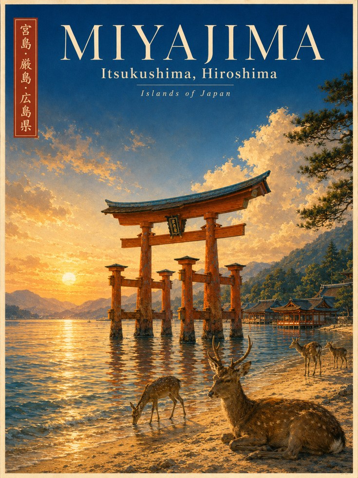 Miyajima Torii Gate Poster: Japanese Sunset with Deer Art Print - artwork on paper