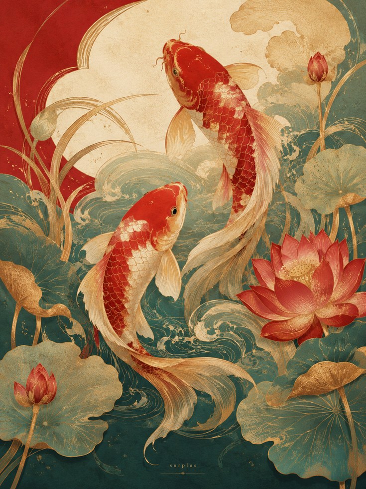 Koi Fish Wall Art – Japanese Lotus Poster - artwork on paper