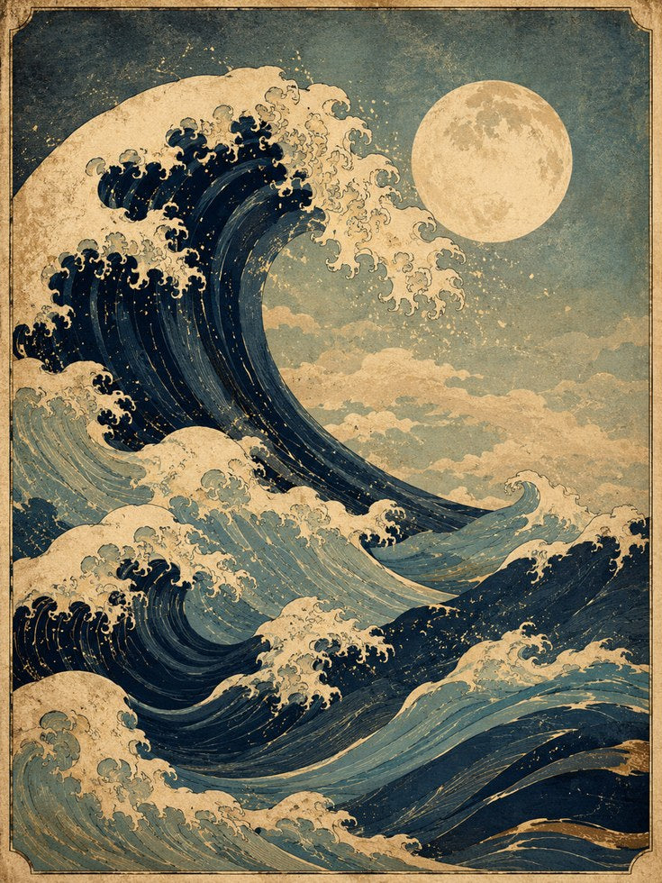 Japanese Wave Print: Ukiyo-e Inspired Ocean and Moon Art - artwork on paper