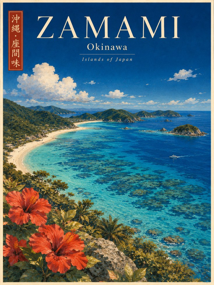 Zamami Okinawa Travel Poster: Vintage Japanese Coastal Art Print - artwork on paper