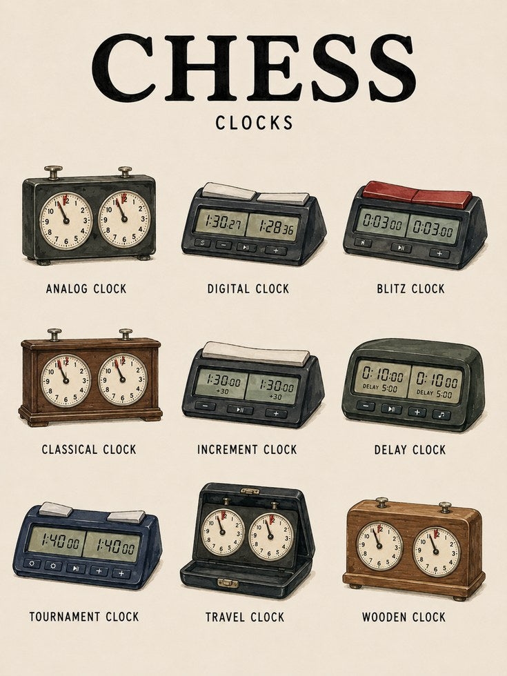 Chess Clocks Art Print: Vintage Game Timer Collection Poster - artwork on paper