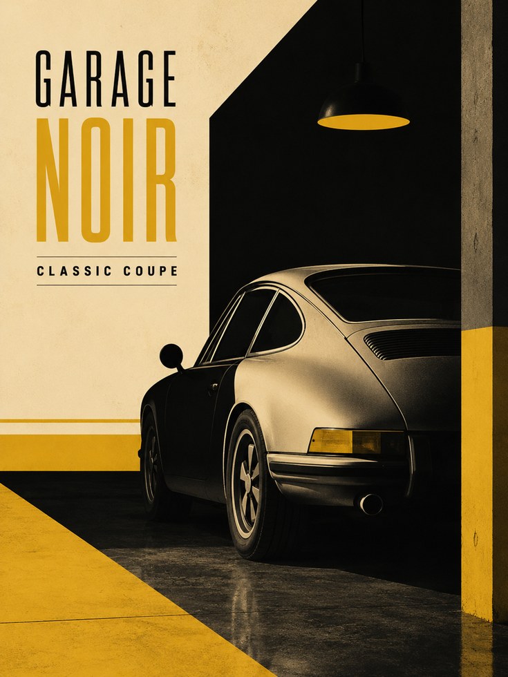 Garage Noir Classic Coupe Poster: Vintage Sports Car Art Print - artwork on paper